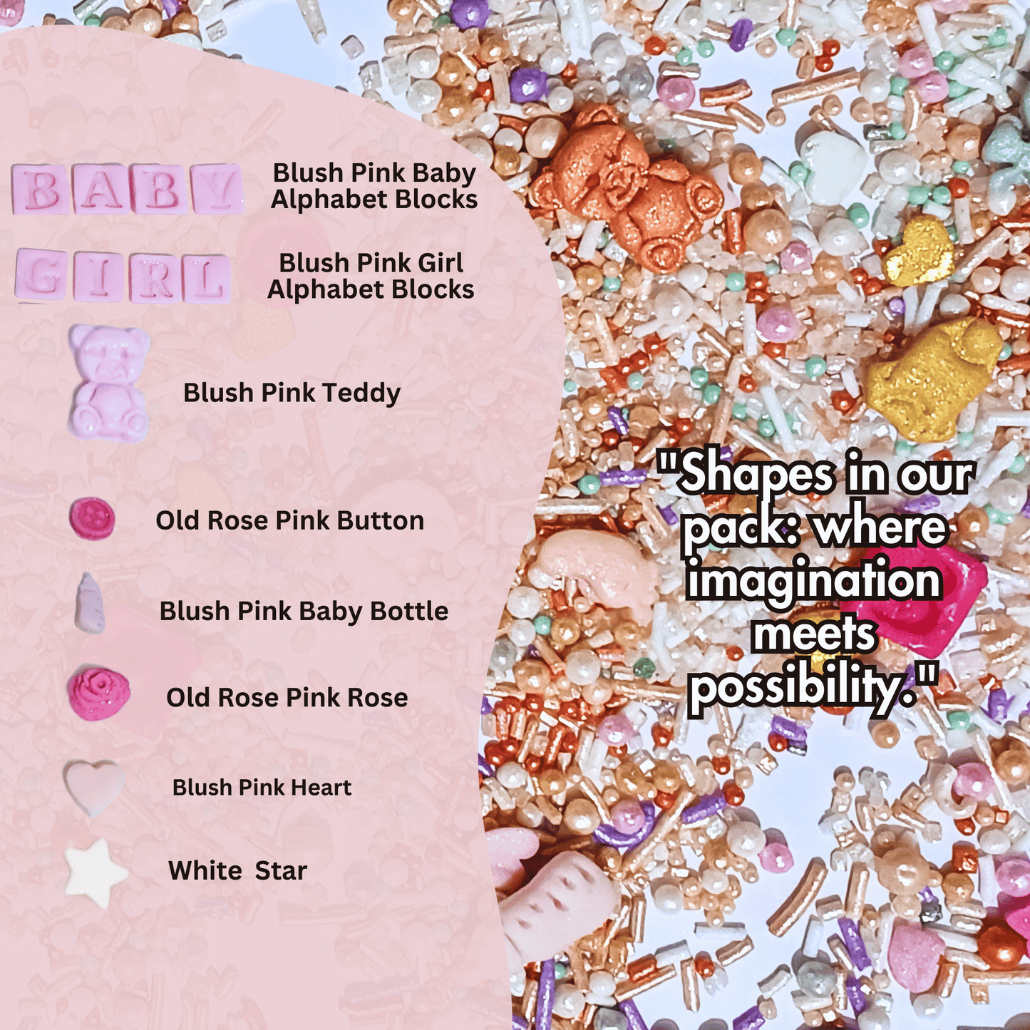 Confect Girls Baby Shower Sprinkles | Edible Sprinkles | Mix Heart, Teddy, Baby Feed Bottle & Baby Feet Sprinkles Pack of 5 (BABY SHOWER -24)