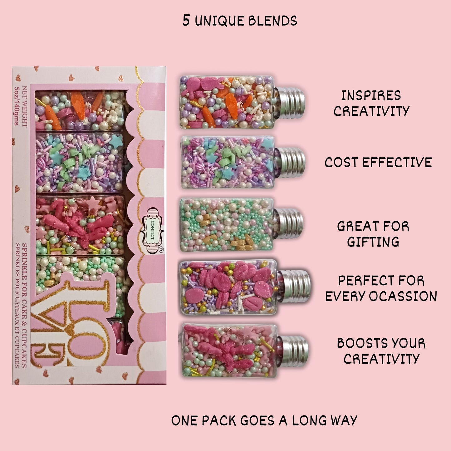 Confect Spring Sprinkles |  5 White, Pink and Sky Blue Pearls & Stars Pack of 5 (EAST 6) - 100Gms