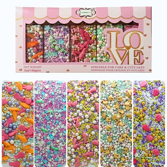 Confect Spring Sprinkles |  5 White, Pink and Sky Blue Pearls & Stars Pack of 5 (EAST 6) - 100Gms