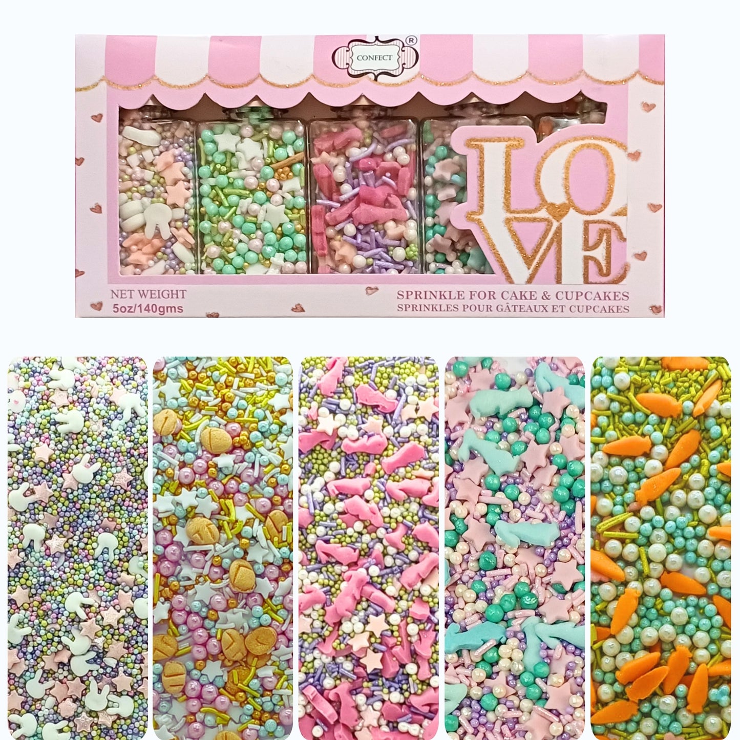 Confect Spring Sprinkles Edible | Vermecelli, Pearls & Stars Sprinkles Pack of 5 (EAST 4) - 100Gms