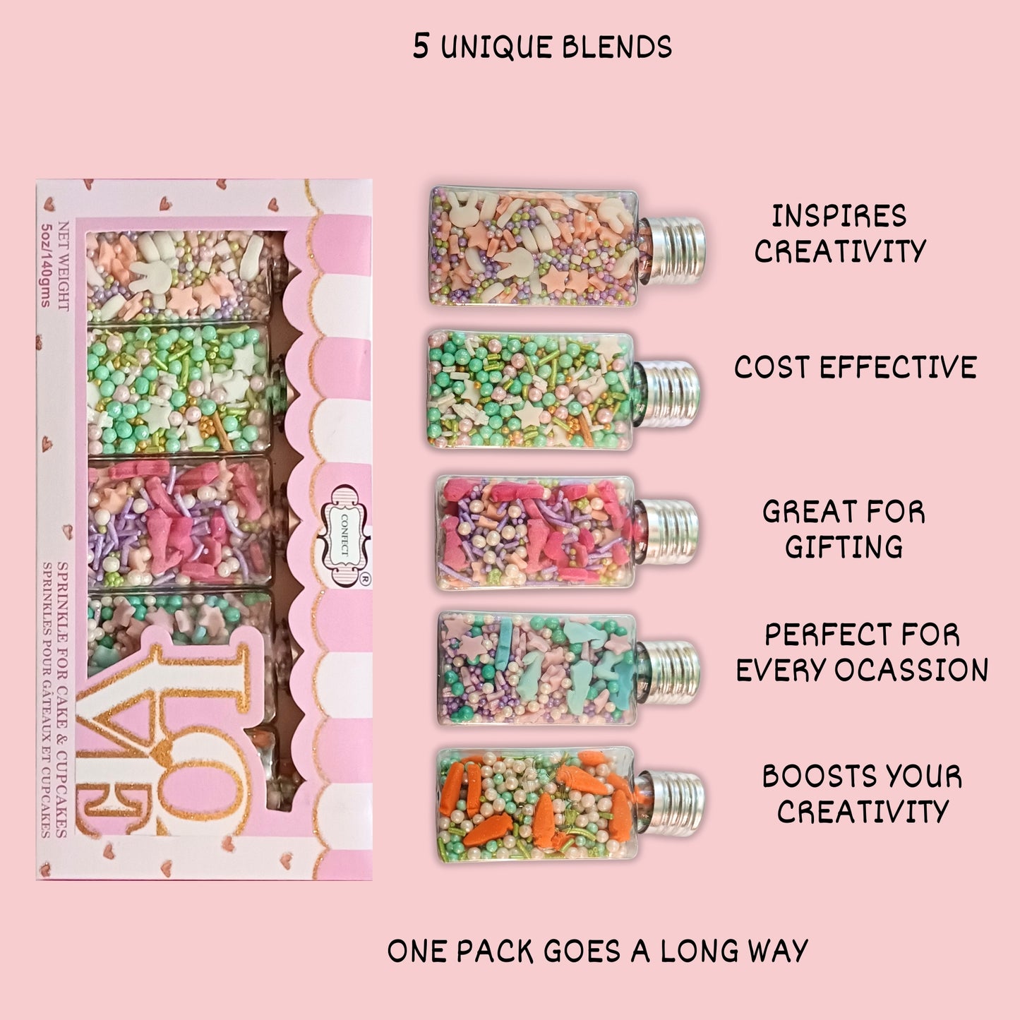 Confect Spring Sprinkles Edible | Vermecelli, Pearls & Stars Sprinkles Pack of 5 (EAST 4) - 100Gms